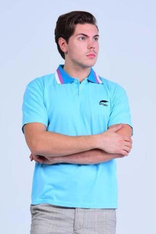 Yz-Guy Polo neck Sports T-Shirt - Arctic Blue with Tri-Color collar