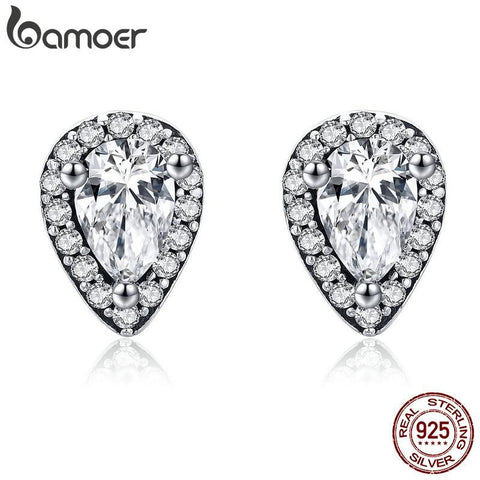 BAMOER Authentic 100% 925 Sterling Silver Radiant Teardrop ,Clear CZ Stud Earrings for Women Sterling Silver Jewelry Gift PAS528