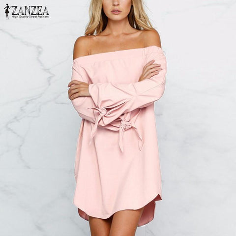 2018 Autumn ZANZEA Women Dress Sexy Strapless Mini Dresses Off Shoulder Slash Neck Long Sleeve Tops Casual Loose Solid Vestidos