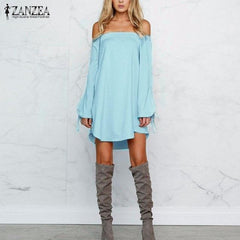 2018 Autumn ZANZEA Women Dress Sexy Strapless Mini Dresses Off Shoulder Slash Neck Long Sleeve Tops Casual Loose Solid Vestidos