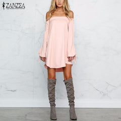 2018 Autumn ZANZEA Women Dress Sexy Strapless Mini Dresses Off Shoulder Slash Neck Long Sleeve Tops Casual Loose Solid Vestidos