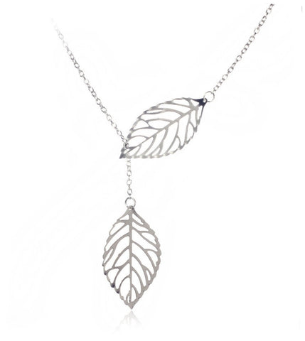 1PC Womens Girls Simple Metal Double Leaf Pendant Alloy Choker Necklace