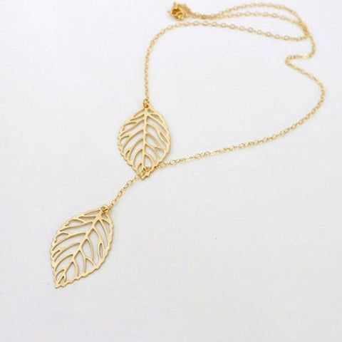 1PC Womens Girls Simple Metal Double Leaf Pendant Alloy Choker Necklace