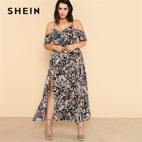 SHEIN Open Shoulder Tropical Wrap Dress 2018 Summer Spaghetti Strap V neck Ruffle Dress Women Plus Size Beach Belted Dress