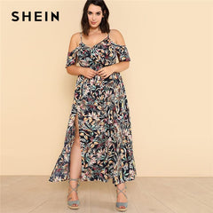 SHEIN Open Shoulder Tropical Wrap Dress 2018 Summer Spaghetti Strap V neck Ruffle Dress Women Plus Size Beach Belted Dress