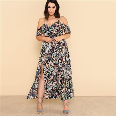 SHEIN Open Shoulder Tropical Wrap Dress 2018 Summer Spaghetti Strap V neck Ruffle Dress Women Plus Size Beach Belted Dress