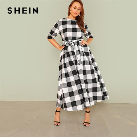 SHEIN Self Belted Gingham Dress 2018 Summer Round Neck Half Sleeve Plaid Retro Maxi Dress Women Plus Size Casual Dress