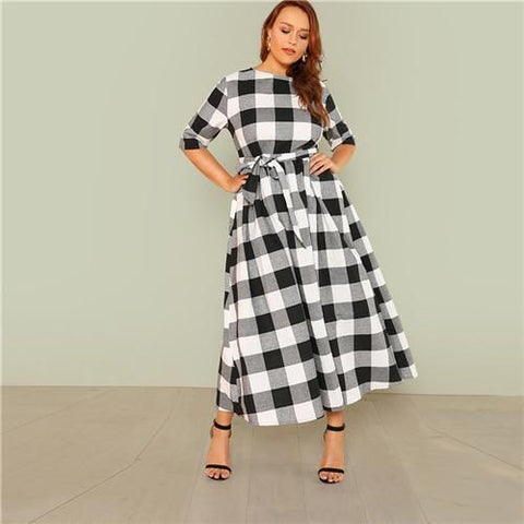 SHEIN Self Belted Gingham Dress 2018 Summer Round Neck Half Sleeve Plaid Retro Maxi Dress Women Plus Size Casual Dress