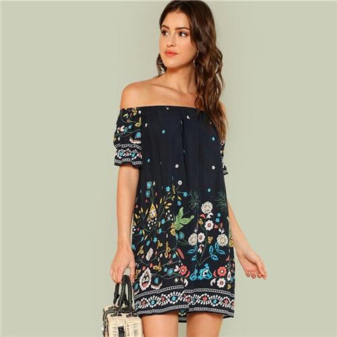 SHEIN Floral Beach Boho Bohemian Vacation Tribal Print Off the Shoulder Bardot Summer Half Sleeve Ruffle Dresses Women Dress