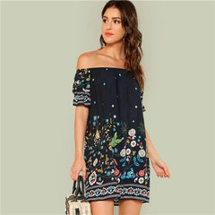 SHEIN Floral Beach Boho Bohemian Vacation Tribal Print Off the Shoulder Bardot Summer Half Sleeve Ruffle Dresses Women Dress