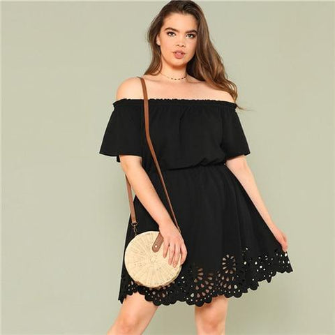 SHEIN Solid Ruffle Off the Shoulder Plus Size Scalloped Hem Elegant Women Dress 2018 Summer Short Sleeve Casual Bardot Dresses