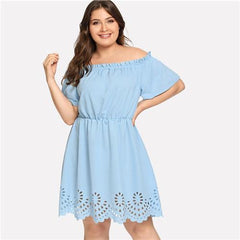 SHEIN Solid Ruffle Off the Shoulder Plus Size Scalloped Hem Elegant Women Dress 2018 Summer Short Sleeve Casual Bardot Dresses