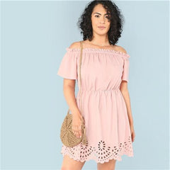 SHEIN Solid Ruffle Off the Shoulder Plus Size Scalloped Hem Elegant Women Dress 2018 Summer Short Sleeve Casual Bardot Dresses