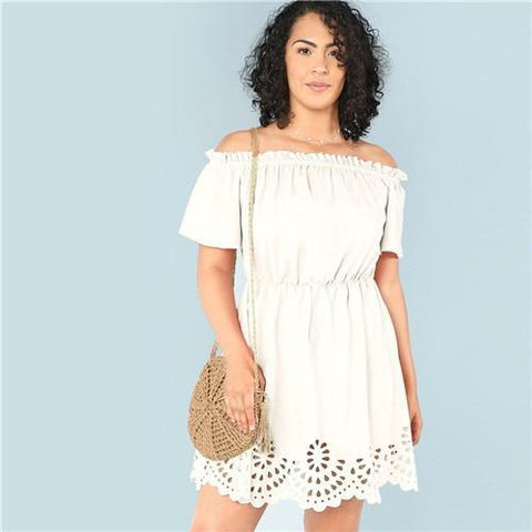 SHEIN Solid Ruffle Off the Shoulder Plus Size Scalloped Hem Elegant Women Dress 2018 Summer Short Sleeve Casual Bardot Dresses