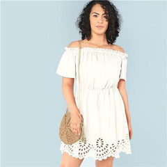 SHEIN Solid Ruffle Off the Shoulder Plus Size Scalloped Hem Elegant Women Dress 2018 Summer Short Sleeve Casual Bardot Dresses