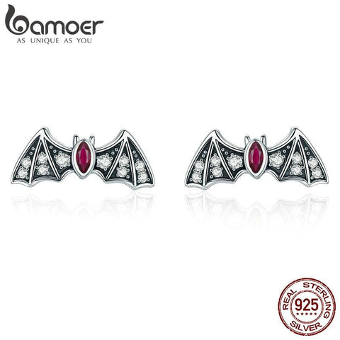 BAMOER Genuine 925 Sterling Silver Mysterious Bat Dazzling CZ Stud Earrings for Women Fashion Earrings Jewelry Gift BSE004