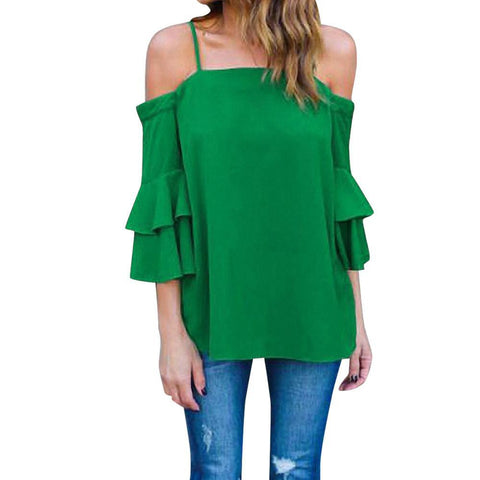 Women Off Shoulder Tank Top Bell Sleeve Loose Casual Shirt Blouse