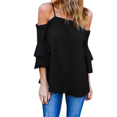 Women Off Shoulder Tank Top Bell Sleeve Loose Casual Shirt Blouse