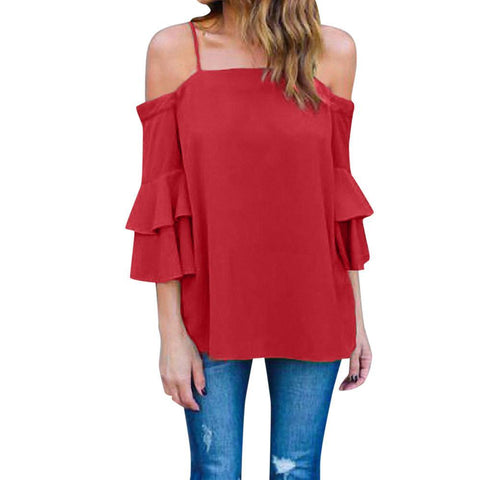 Women Off Shoulder Tank Top Bell Sleeve Loose Casual Shirt Blouse