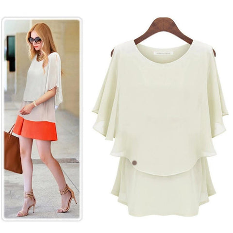 Women Slim Batwing Sleeve Ruffled Chiffon Casual Shirt Crop Top