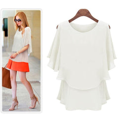 Women Slim Batwing Sleeve Ruffled Chiffon Casual Shirt Crop Top