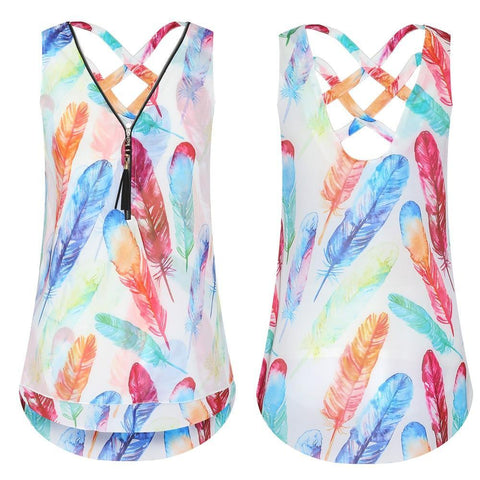 Women Loose Sleeveless Tank Top Cross Back Hem Layed Zipper V-Neck T Shirts Tops