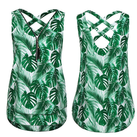 Women Loose Sleeveless Tank Top Cross Back Hem Layed Zipper V-Neck T Shirts Tops