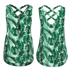 Women Loose Sleeveless Tank Top Cross Back Hem Layed Zipper V-Neck T Shirts Tops