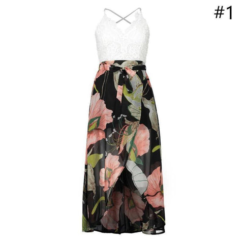 Womens Floral Backless Low Cut Lace Top Dress