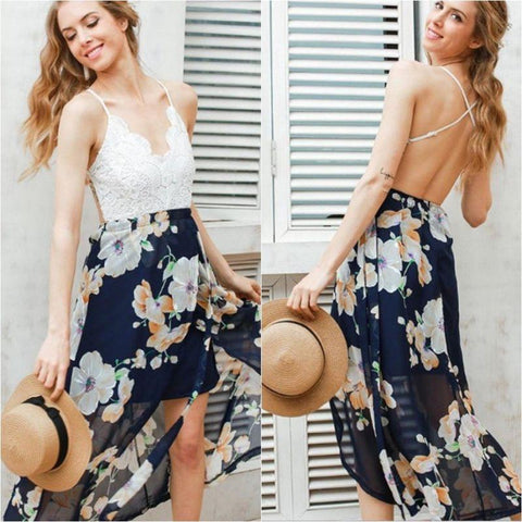 Womens Floral Backless Low Cut Lace Top Dress