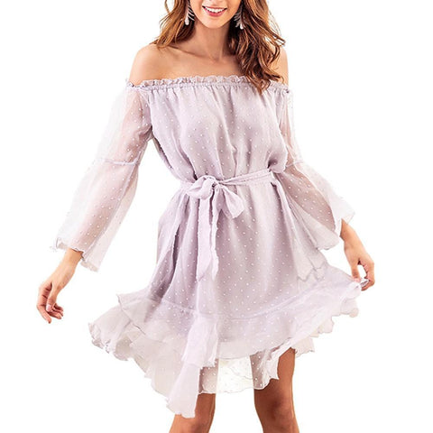 Women Tube Top Belt Waist Sexy Long Sleeve Chiffon Jacquard Dress