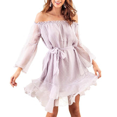 Women Tube Top Belt Waist Sexy Long Sleeve Chiffon Jacquard Dress