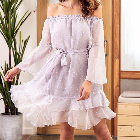 Women Tube Top Belt Waist Sexy Long Sleeve Chiffon Jacquard Dress