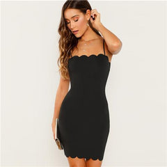 SHEIN Black Form Fitting Scalloped Cami Dress Bodycon Sleeveless Slim Short Party Dress Women Autumn Highstreet Elegant Dresses