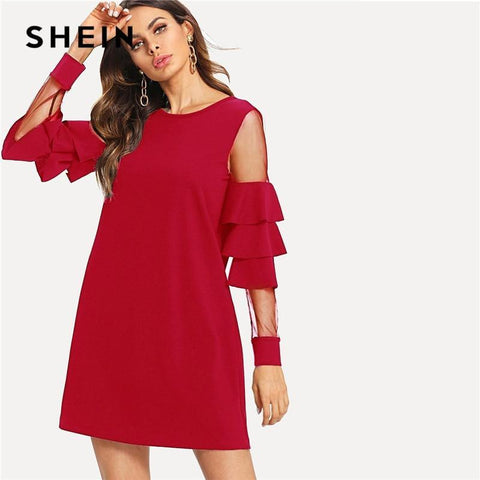 SHEIN Burgundy Contrast Mesh Insert Tiered Layered Sleeve Bell Sleeve Ruffle Dress Women Autumn Modern Lady Party Dress