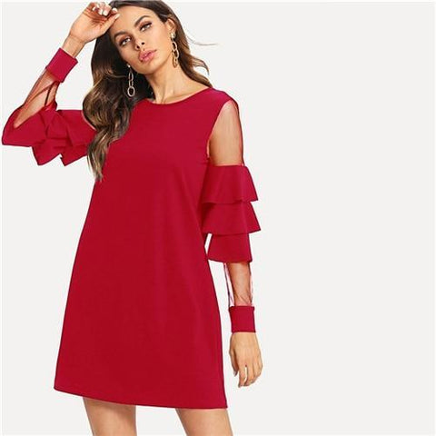 SHEIN Burgundy Contrast Mesh Insert Tiered Layered Sleeve Bell Sleeve Ruffle Dress Women Autumn Modern Lady Party Dress
