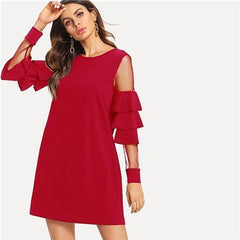 SHEIN Burgundy Contrast Mesh Insert Tiered Layered Sleeve Bell Sleeve Ruffle Dress Women Autumn Modern Lady Party Dress