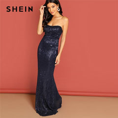 SHEIN Navy Elegant Sequin Mesh Strapless Bodycon Evening Gown High Waist Zipper Back Solid 2019 Summer Women Party Dresses