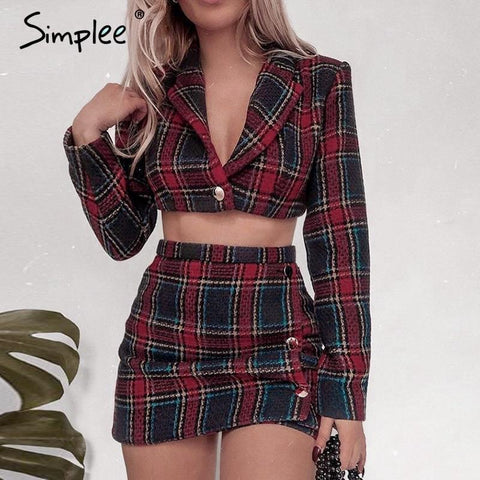 Simplee Winter 2 piece set tweed plaid dress Crop top women long sleeve sexy jacket Casual pencil short female matching sets
