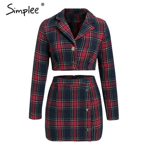 Simplee Winter 2 piece set tweed plaid dress Crop top women long sleeve sexy jacket Casual pencil short female matching sets