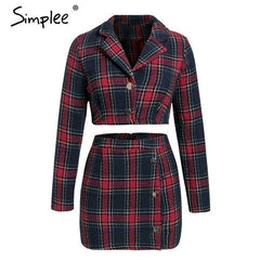 Simplee Winter 2 piece set tweed plaid dress Crop top women long sleeve sexy jacket Casual pencil short female matching sets