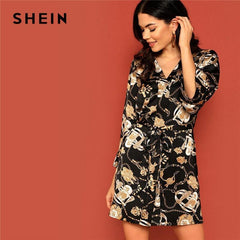 SHEIN Black Vacation Chain Pattern Print Flare Sleeve Belted Casual Dress 2018 Autumn Holiday Fashion Women Dresses