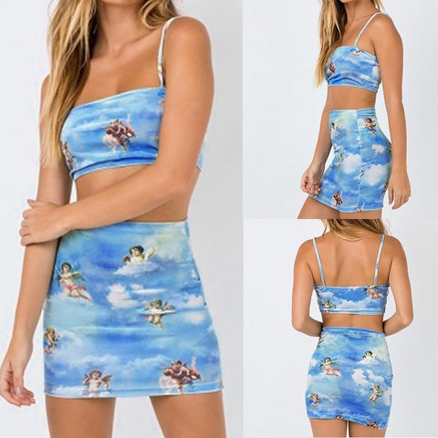 Fashion Women Sleeveless Small Angle Print Short  Top T-shirt  Skirt Suit