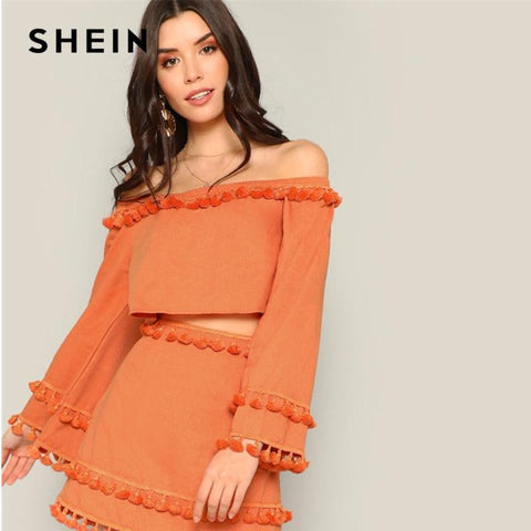 SHEIN Women Orange Off Shoulder Tassel Detail Plain Two Piece Set Top and Bottoms Set  Spring Long Sleeve Elegant Co-ords Dress