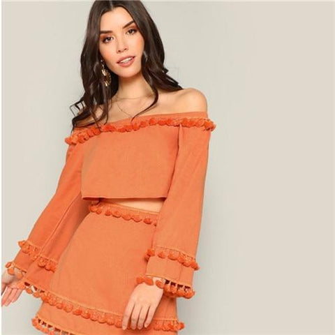 SHEIN Women Orange Off Shoulder Tassel Detail Plain Two Piece Set Top and Bottoms Set  Spring Long Sleeve Elegant Co-ords Dress