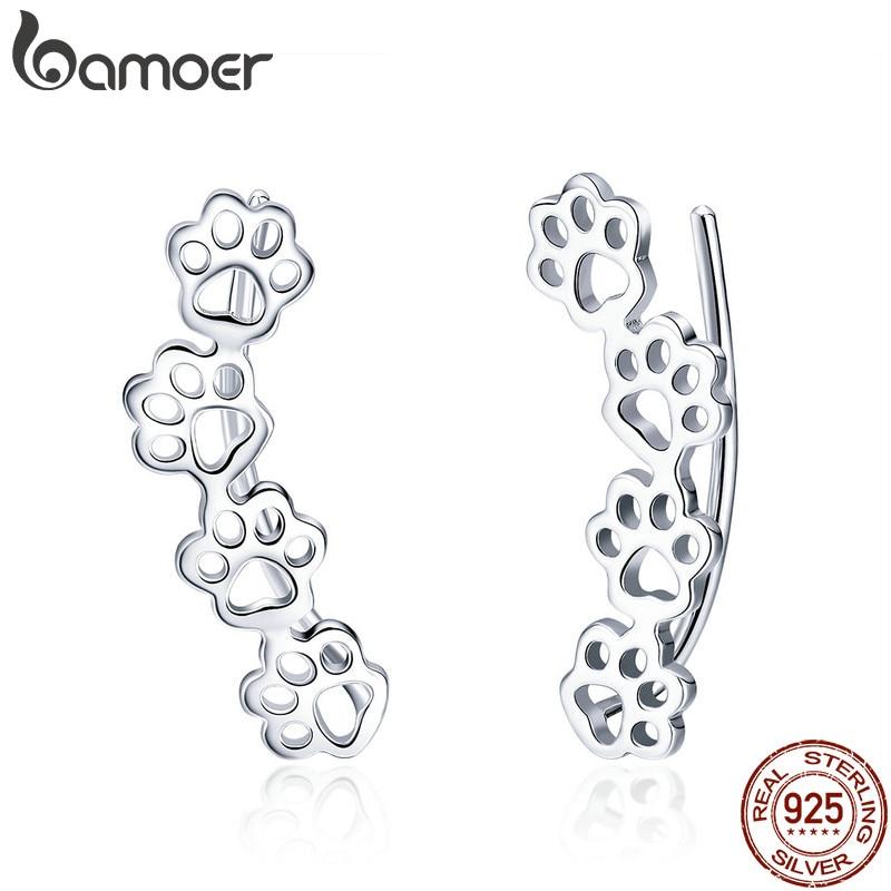 BAMOER Hot Sale 925 Sterling Silver Paw Trail Cat And Dog Footprints Stud Earrings for Women Sterling Silver Jewelry SCE430
