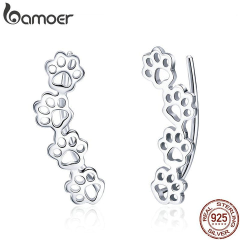 BAMOER Hot Sale 925 Sterling Silver Paw Trail Cat And Dog Footprints Stud Earrings for Women Sterling Silver Jewelry SCE430